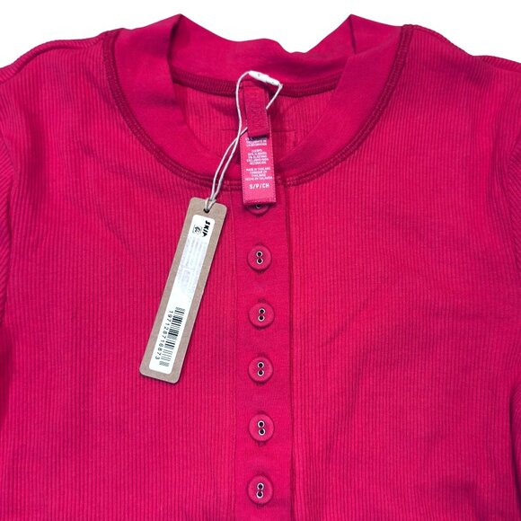 SKIMS Cotton Rib Henley Top Red S NWT Women’s Long Sleeve Soft Stretch Lounge - Picture 2 of 3
